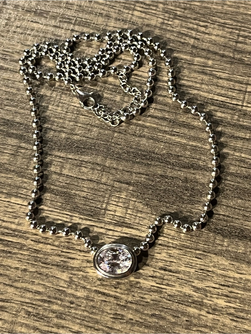 Sterling Silver Beaded Necklace with Oval Clear Crystal Pendant. 17”.